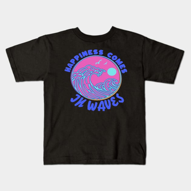 Happiness Comes In Waves, Hello Summer Vintage Funny Surfer Riding Surf Surfing Lover Gifts Kids T-Shirt by Customo